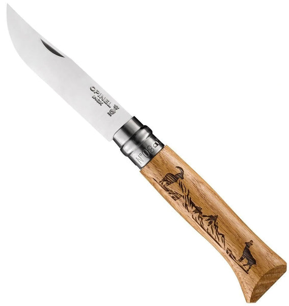 Opinel N°08 Oak Engraved Handle Folding Knife - Animalia